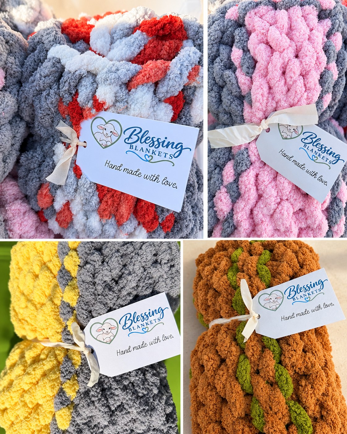 Collage of handmade blankets with Blessing Blankets tags and ribbons